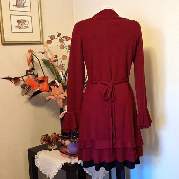 NWT Woman's Simon Chang Wine Burgundy Cardigan Coat Knit Long Outerwear - Picture 9 of 11